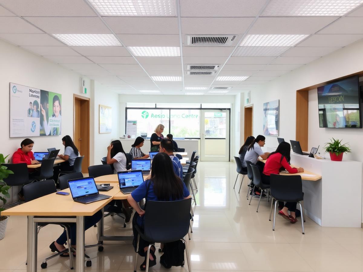 Interior de um polo de ensino com estudantes utilizando computadores